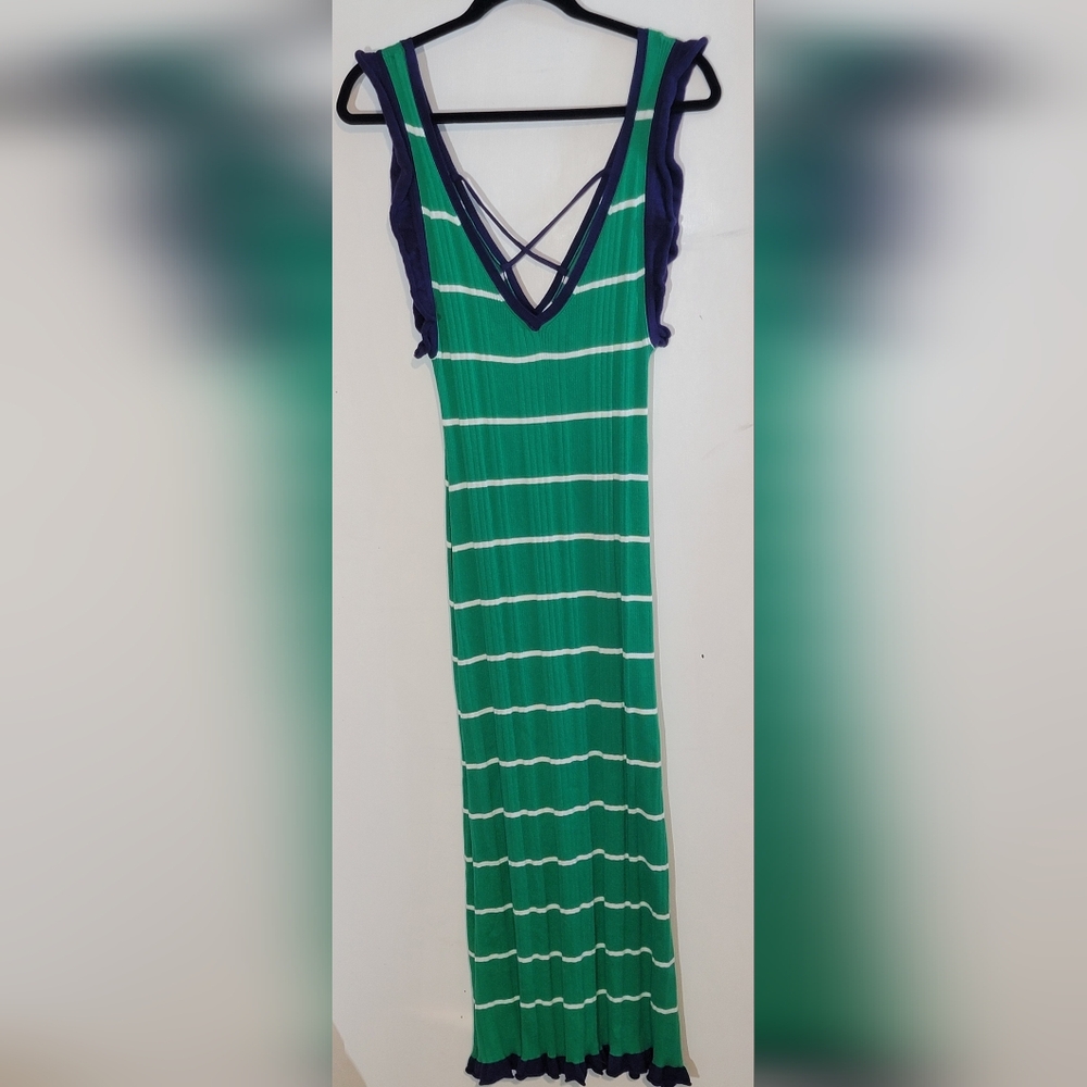 Striped Green and Blue Sleeveless Sweater Dress By Daily Practice Size Medium